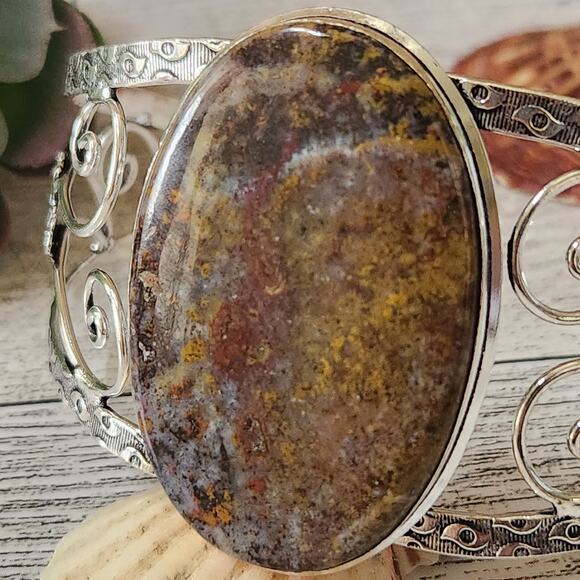 Enchanted Forest Sterling Silver Green Mossy Agate Cuff Bracelet - Picture 2 of 10